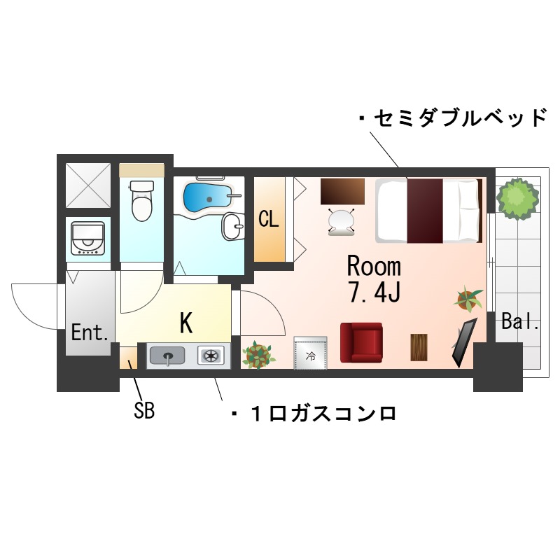  ★SステイPS西心斎橋・四ツ橋・桜川【禁煙ルーム・１K・セミダブルベッド・インターネットWi-Fiレンタル可】★バストイレセパ・ガスK・オートロック★